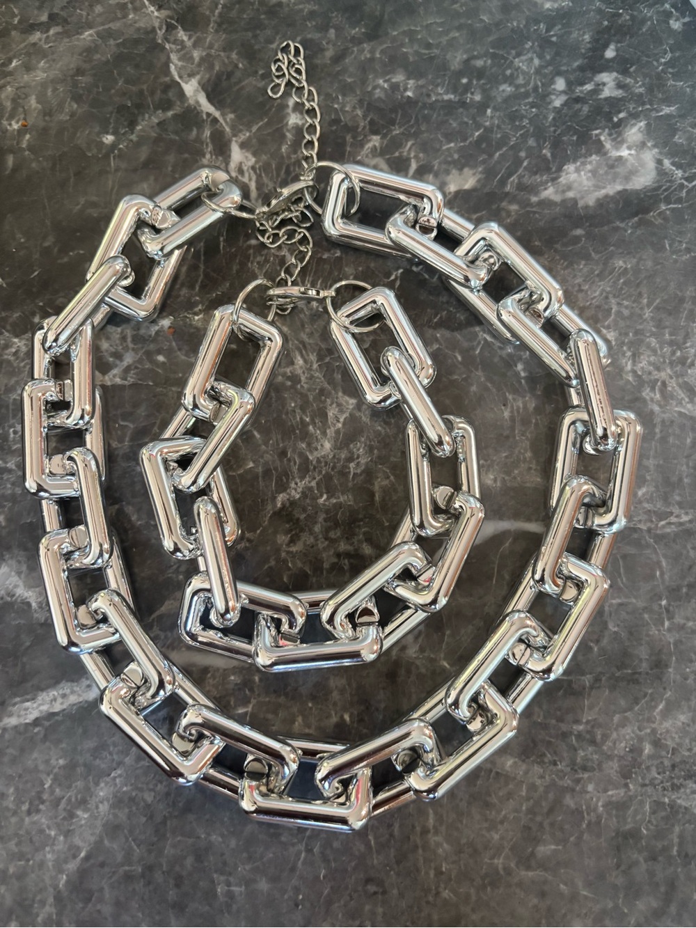 Silver Link Chain Necklace and Bracelet Set - Women Jewelry